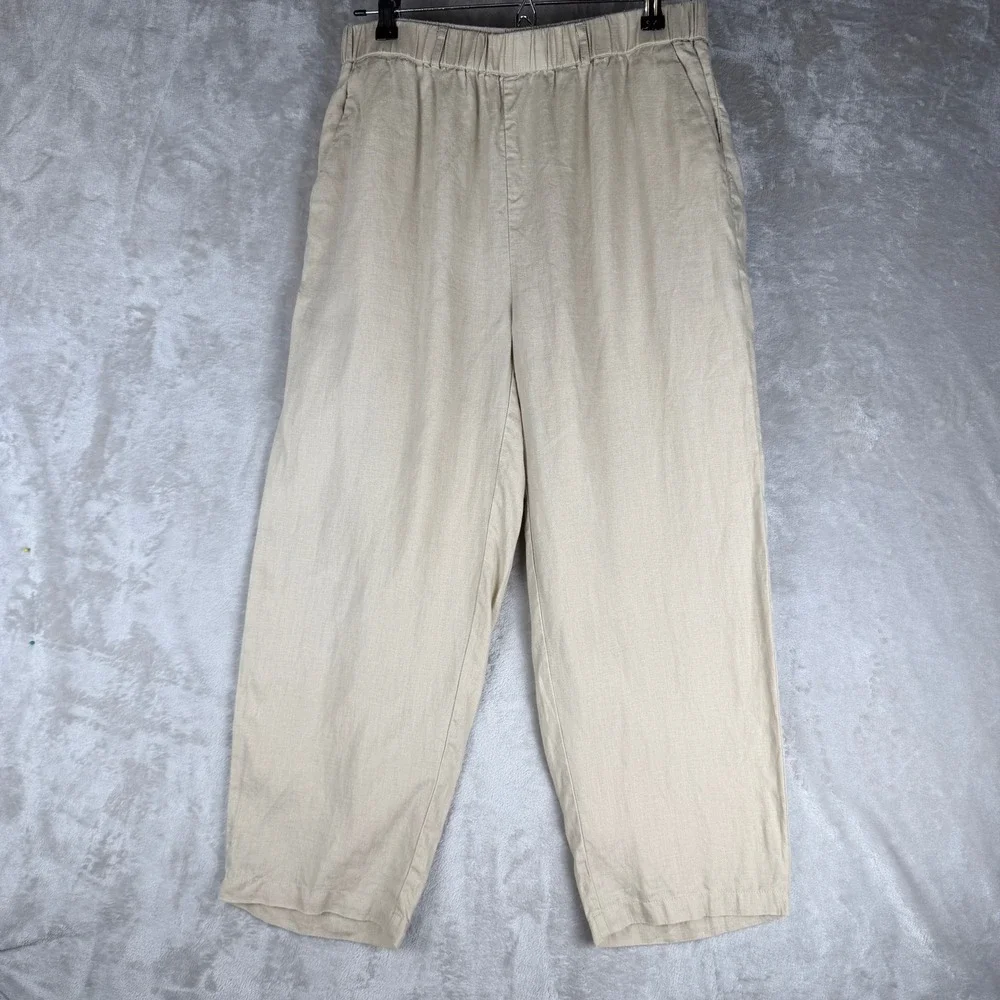 Quince Womens European Linen Wide Leg Cropped Pants Oatmeal Beige Size M